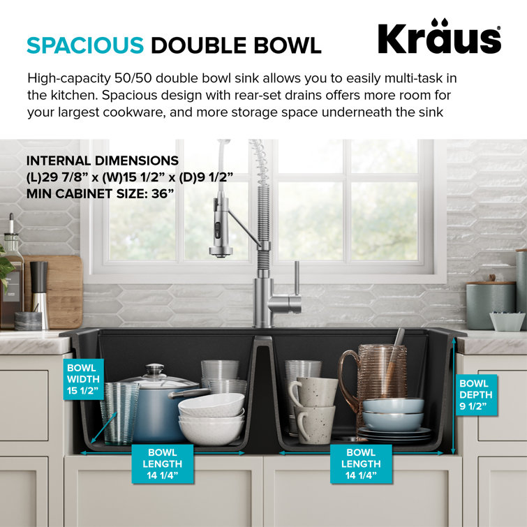 33-Inch Black Granite Double Bowl Drop-In Kitchen Sink