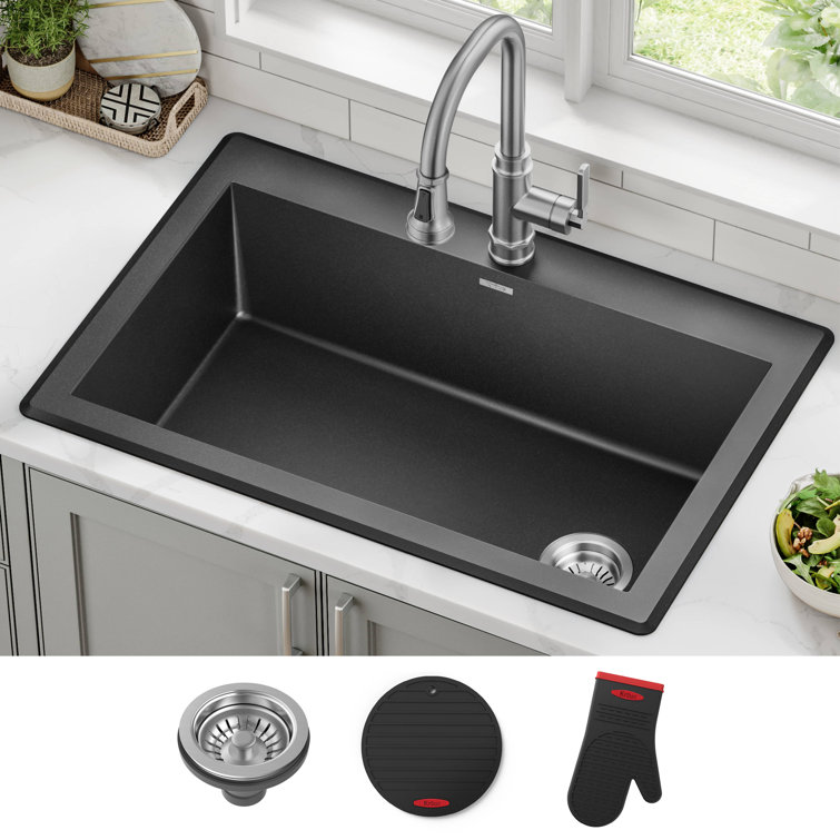 33-Inch Black Granite Single Bowl Drop-In Kitchen Sink