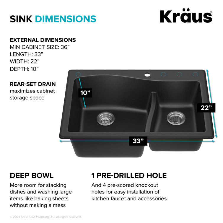 33-Inch Black Granite Double Bowl Drop-In Kitchen Sink