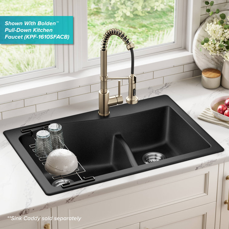 33-Inch Black Granite Double Bowl Drop-In Kitchen Sink