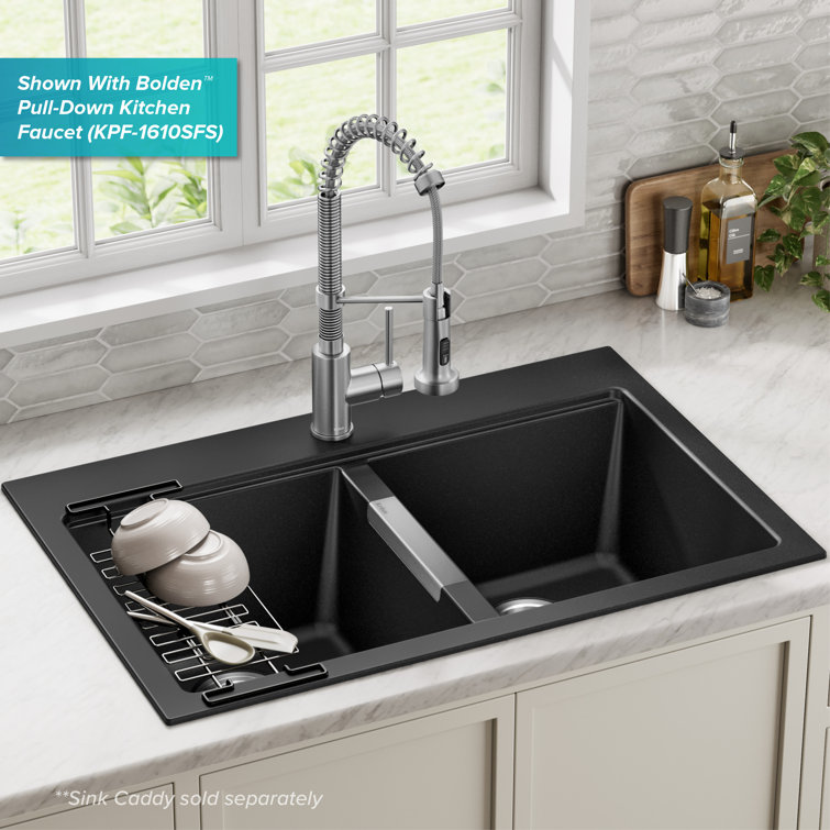 33-Inch Black Granite Double Bowl Drop-In Kitchen Sink