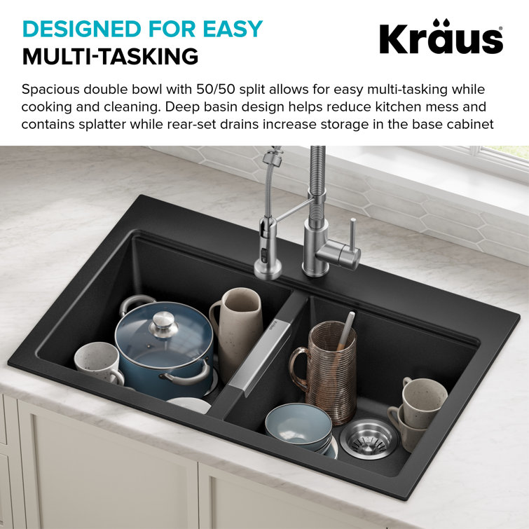 33-Inch Black Granite Double Bowl Drop-In Kitchen Sink