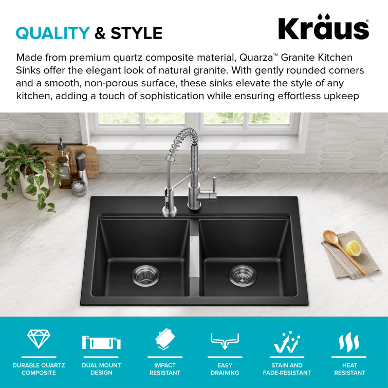 33-Inch Black Granite Double Bowl Drop-In Kitchen Sink