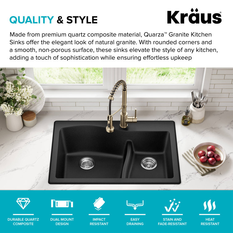 33-Inch Black Granite Double Bowl Drop-In Kitchen Sink