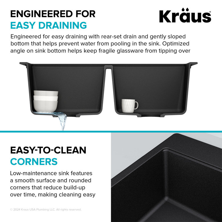 33-Inch Black Granite Double Bowl Drop-In Kitchen Sink