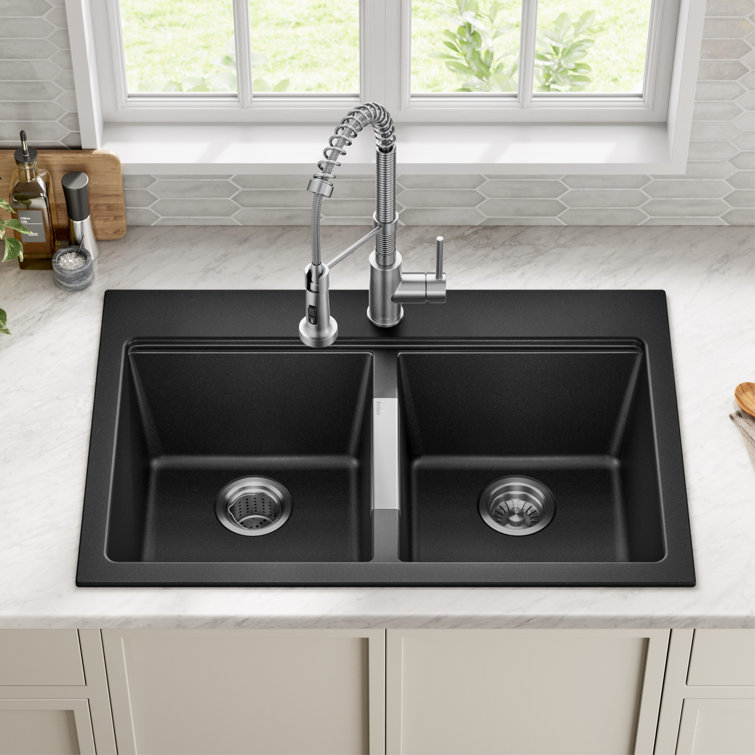 33-Inch Black Granite Double Bowl Drop-In Kitchen Sink