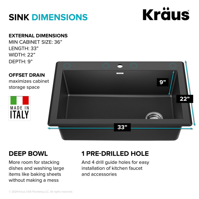 33-Inch Black Granite Single Bowl Drop-In Kitchen Sink