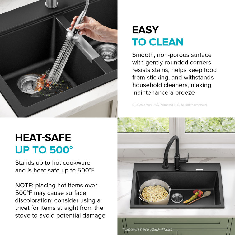 33-Inch Black Granite Double Bowl Drop-In Kitchen Sink