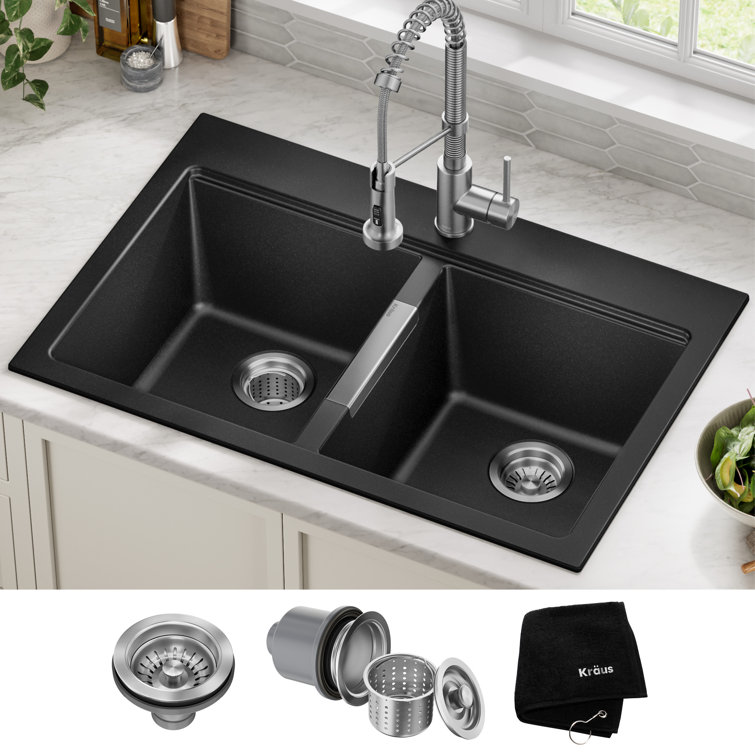 33-Inch Black Granite Double Bowl Drop-In Kitchen Sink