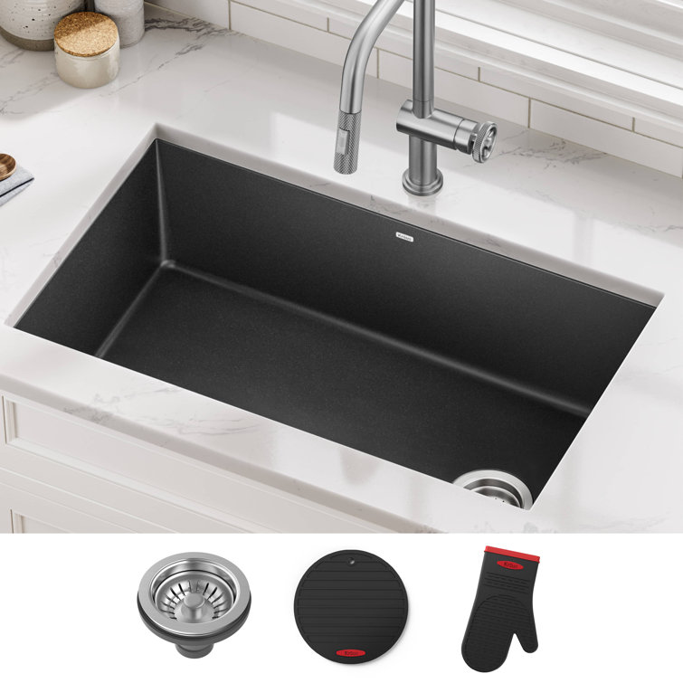 32-Inch Black Granite Undermount Single Bowl Kitchen Sink