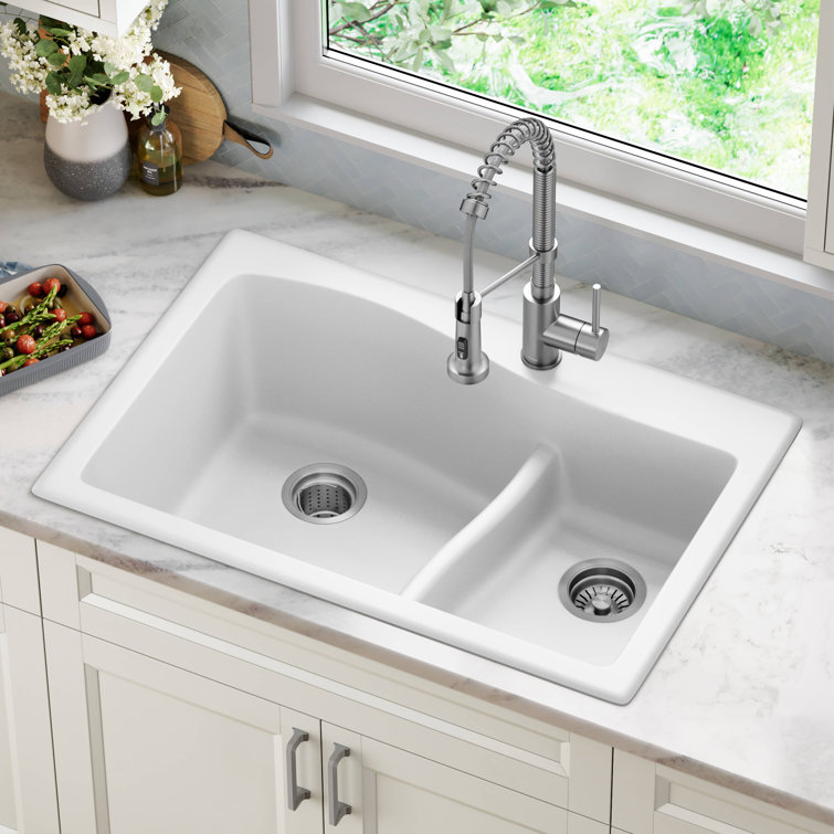 White Granite 33" Dual Bowl Drop-In Kitchen Sink