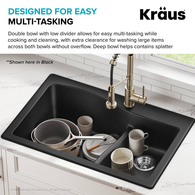 Gray 33-inch Dual Mount Double Bowl Granite Kitchen Sink