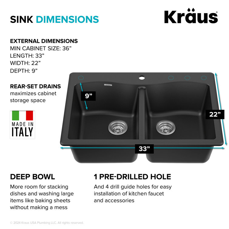 33-Inch Black Granite Double Bowl Drop-In Kitchen Sink