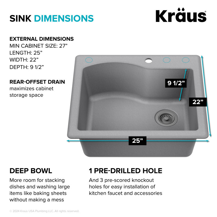 Gray Granite 25-Inch Drop-In Single Bowl Kitchen Sink