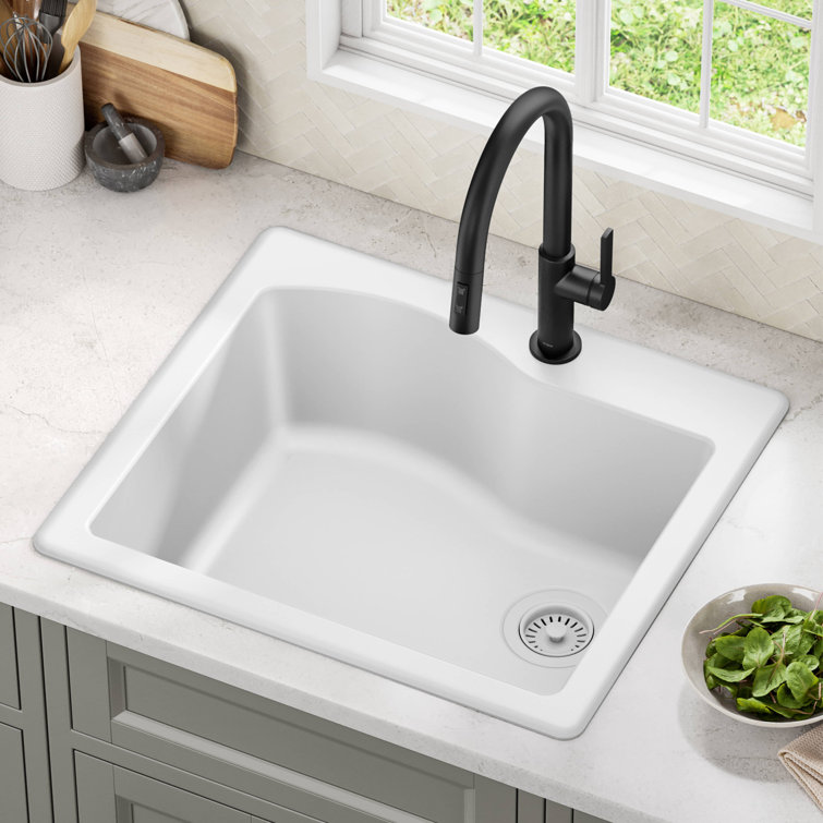 25" White Granite Single Bowl Drop-In Kitchen Sink