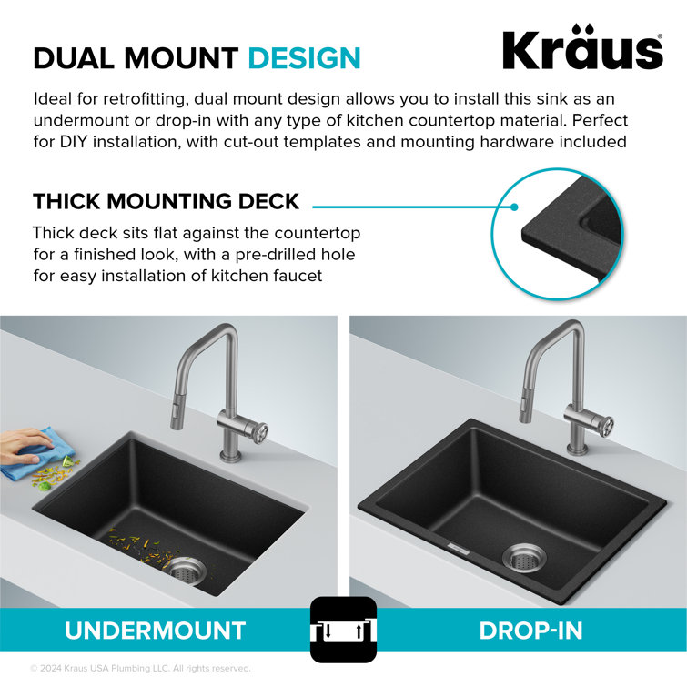 24-Inch Black Granite Drop-In Single Bowl Kitchen Sink