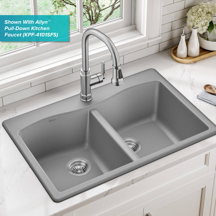 Gray Granite Dual Bowl Drop-In Kitchen Sink with Accessories