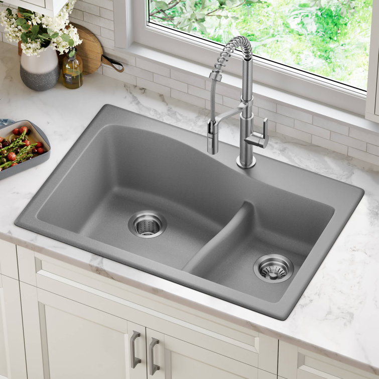 Gray 33-inch Dual Mount Double Bowl Granite Kitchen Sink