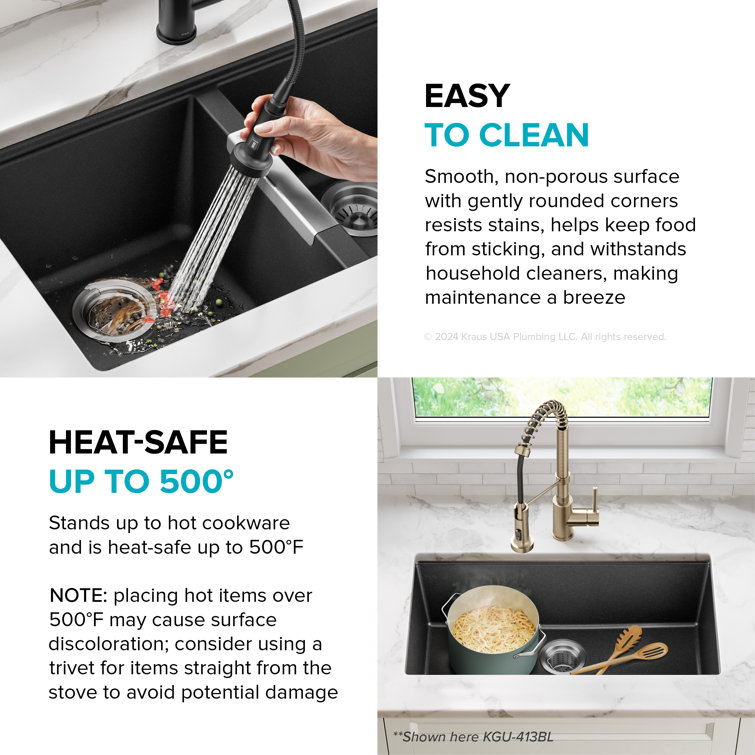 KRAUS 33 inch L Undermount 50/50 Double Bowl Black Onyx Granite Kitchen Sink