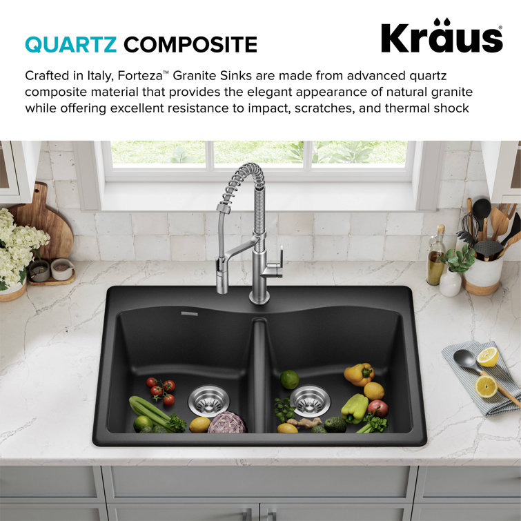 33-Inch Black Granite Double Bowl Drop-In Kitchen Sink