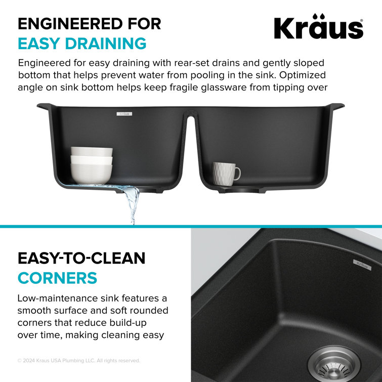 33-Inch Black Granite Double Bowl Drop-In Kitchen Sink