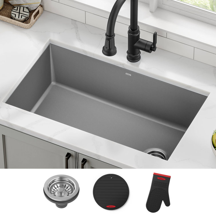 Gray 32-inch Undermount Single Bowl Granite Kitchen Sink