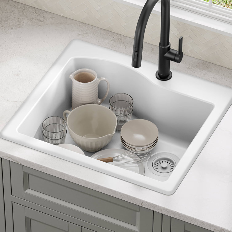 25" White Granite Single Bowl Drop-In Kitchen Sink