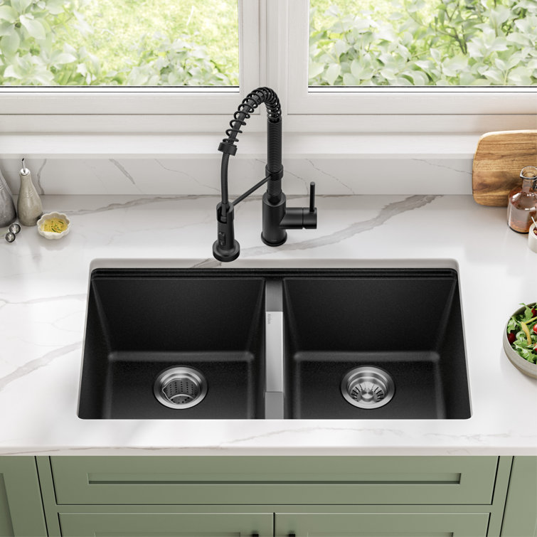KRAUS 33 inch L Undermount 50/50 Double Bowl Black Onyx Granite Kitchen Sink