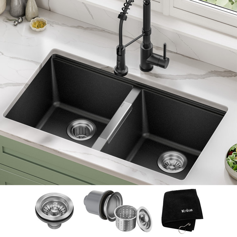 KRAUS 33 inch L Undermount 50/50 Double Bowl Black Onyx Granite Kitchen Sink