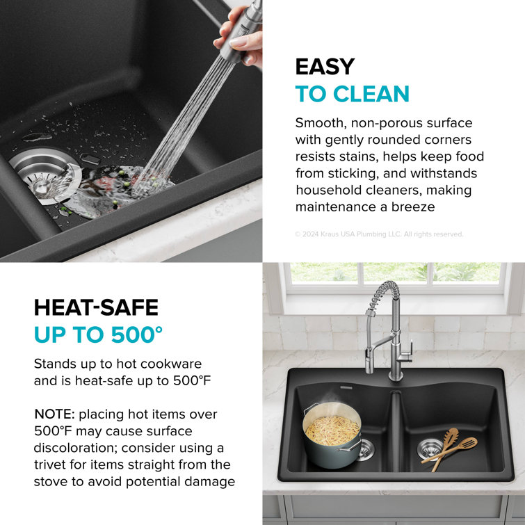 33-Inch Black Granite Double Bowl Drop-In Kitchen Sink
