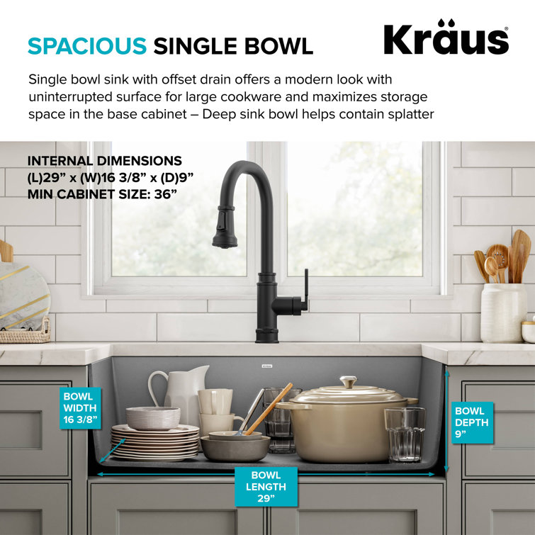 Gray 32-inch Undermount Single Bowl Granite Kitchen Sink
