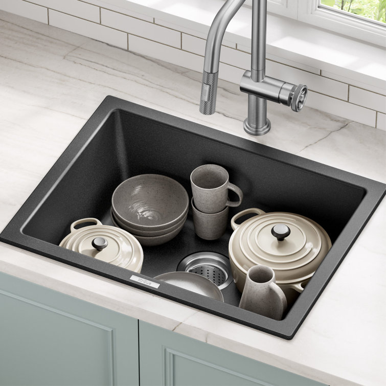 24-Inch Black Granite Drop-In Single Bowl Kitchen Sink
