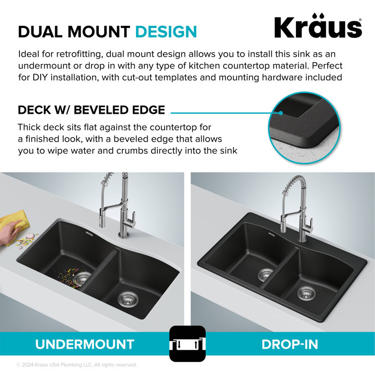 33-Inch Black Granite Double Bowl Drop-In Kitchen Sink