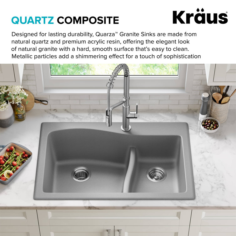 Gray 33-inch Dual Mount Double Bowl Granite Kitchen Sink