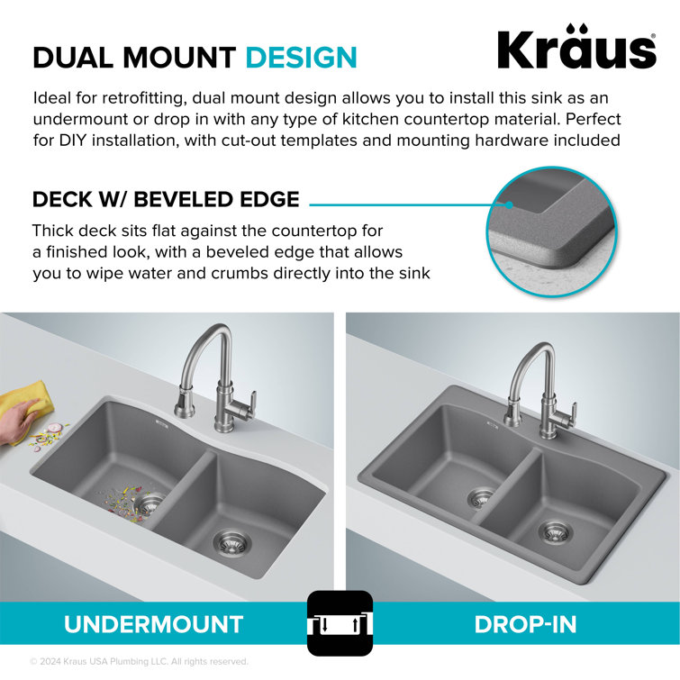 Gray Granite Dual Bowl Drop-In Kitchen Sink with Accessories