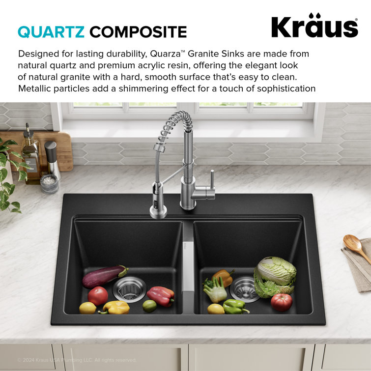 33-Inch Black Granite Double Bowl Drop-In Kitchen Sink