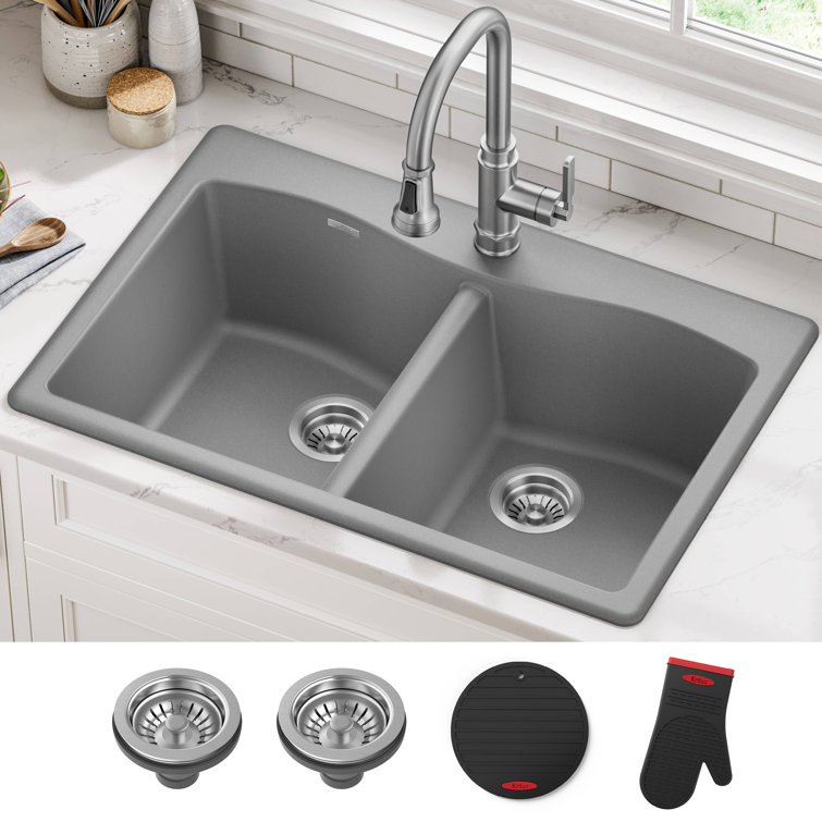 Gray Granite Dual Bowl Drop-In Kitchen Sink with Accessories