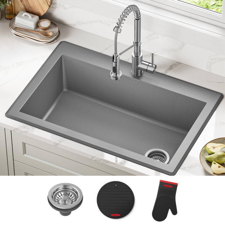Gray 33-Inch Single Bowl Granite Drop-In Kitchen Sink