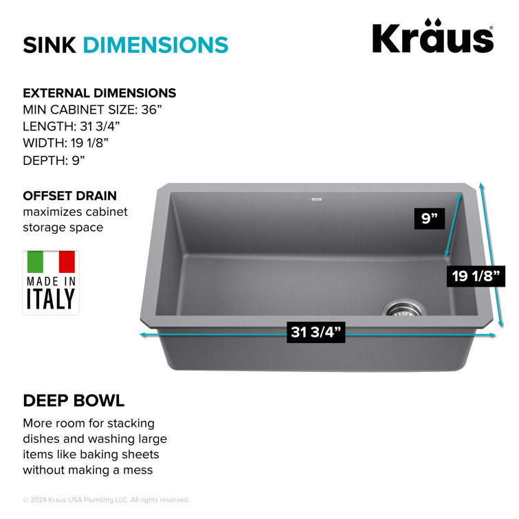 Gray 32-inch Undermount Single Bowl Granite Kitchen Sink