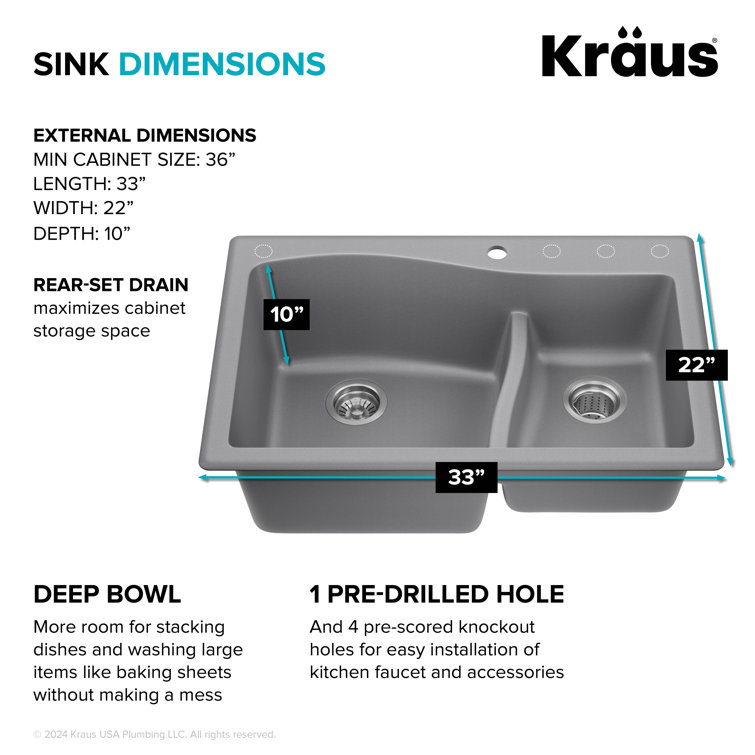 Gray 33-inch Dual Mount Double Bowl Granite Kitchen Sink