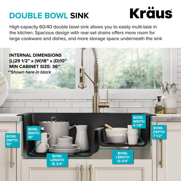 Gray 33-inch Dual Mount Double Bowl Granite Kitchen Sink