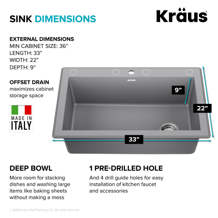 Gray 33-Inch Single Bowl Granite Drop-In Kitchen Sink