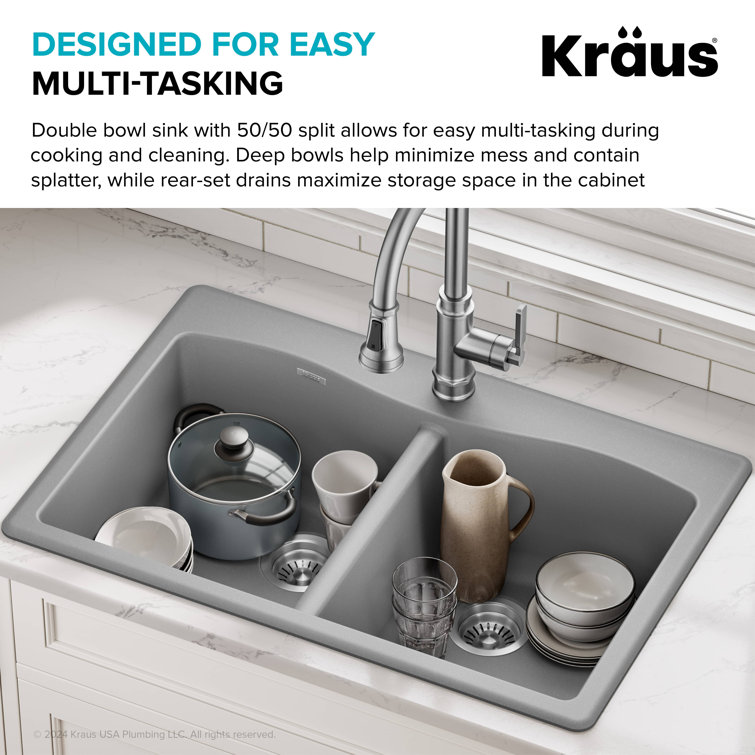 Gray Granite Dual Bowl Drop-In Kitchen Sink with Accessories
