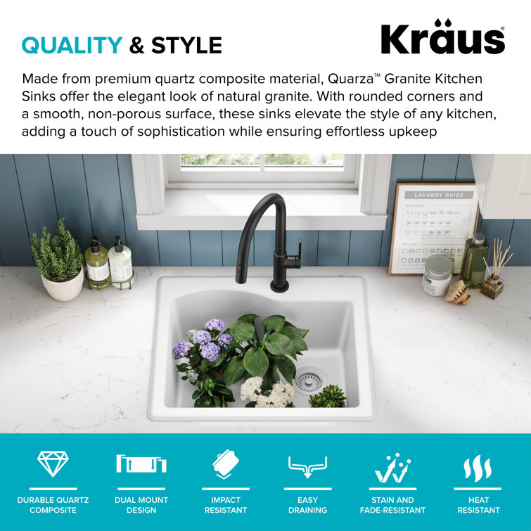 25" White Granite Single Bowl Drop-In Kitchen Sink