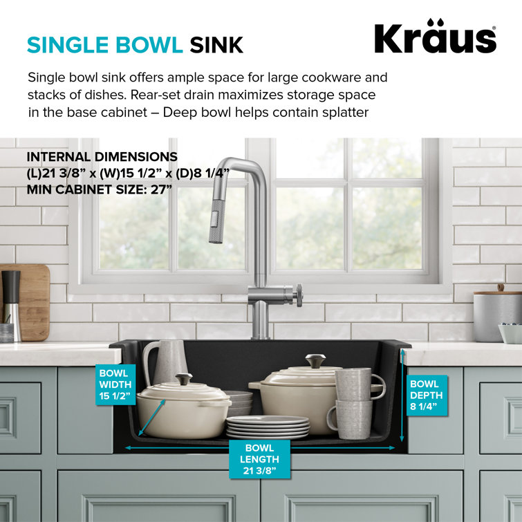 24-Inch Black Granite Drop-In Single Bowl Kitchen Sink