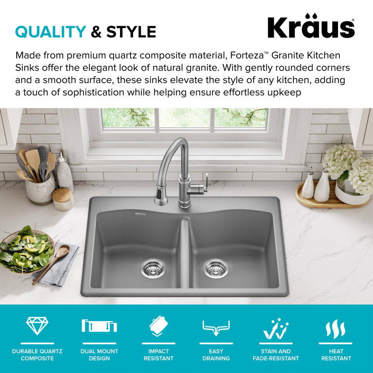 Gray Granite Dual Bowl Drop-In Kitchen Sink with Accessories