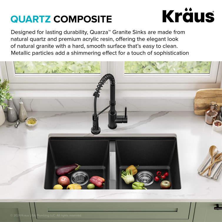 KRAUS 33 inch L Undermount 50/50 Double Bowl Black Onyx Granite Kitchen Sink