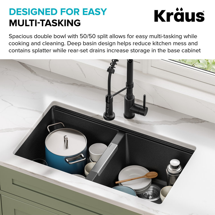 KRAUS 33 inch L Undermount 50/50 Double Bowl Black Onyx Granite Kitchen Sink