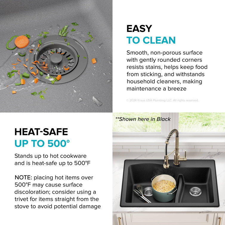 Gray 33-inch Dual Mount Double Bowl Granite Kitchen Sink