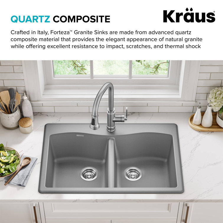 Gray Granite Dual Bowl Drop-In Kitchen Sink with Accessories